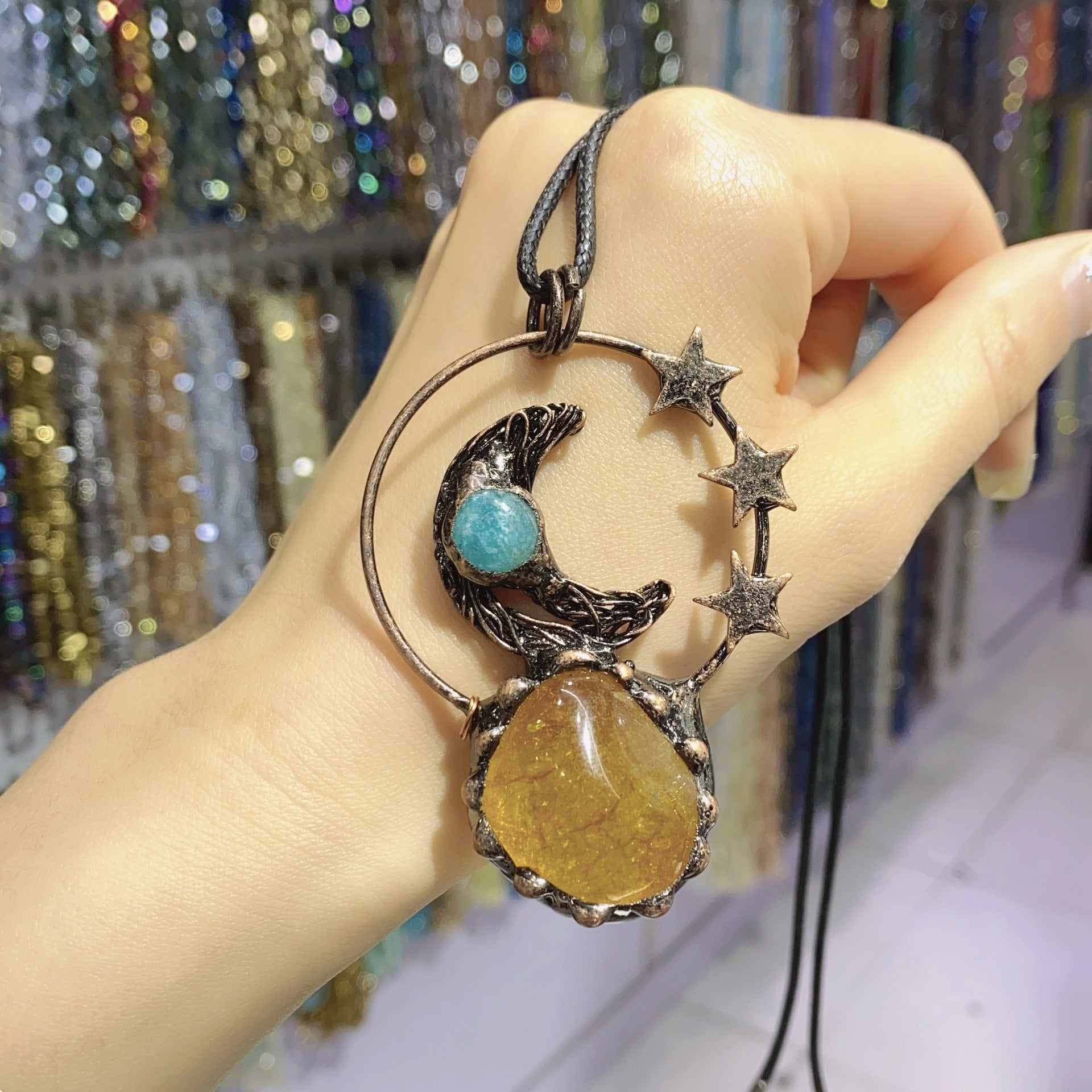 Handmade natural amethyst star moon pendant necklace