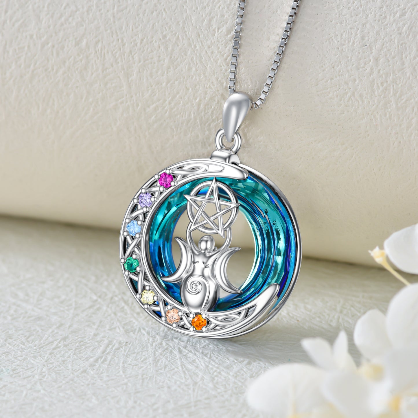 Triple Moon Goddess 7 Chakras Necklace – Sterling Silver Protection Amulet for Feminine Power, Intuition, Reiki, Meditation & Love