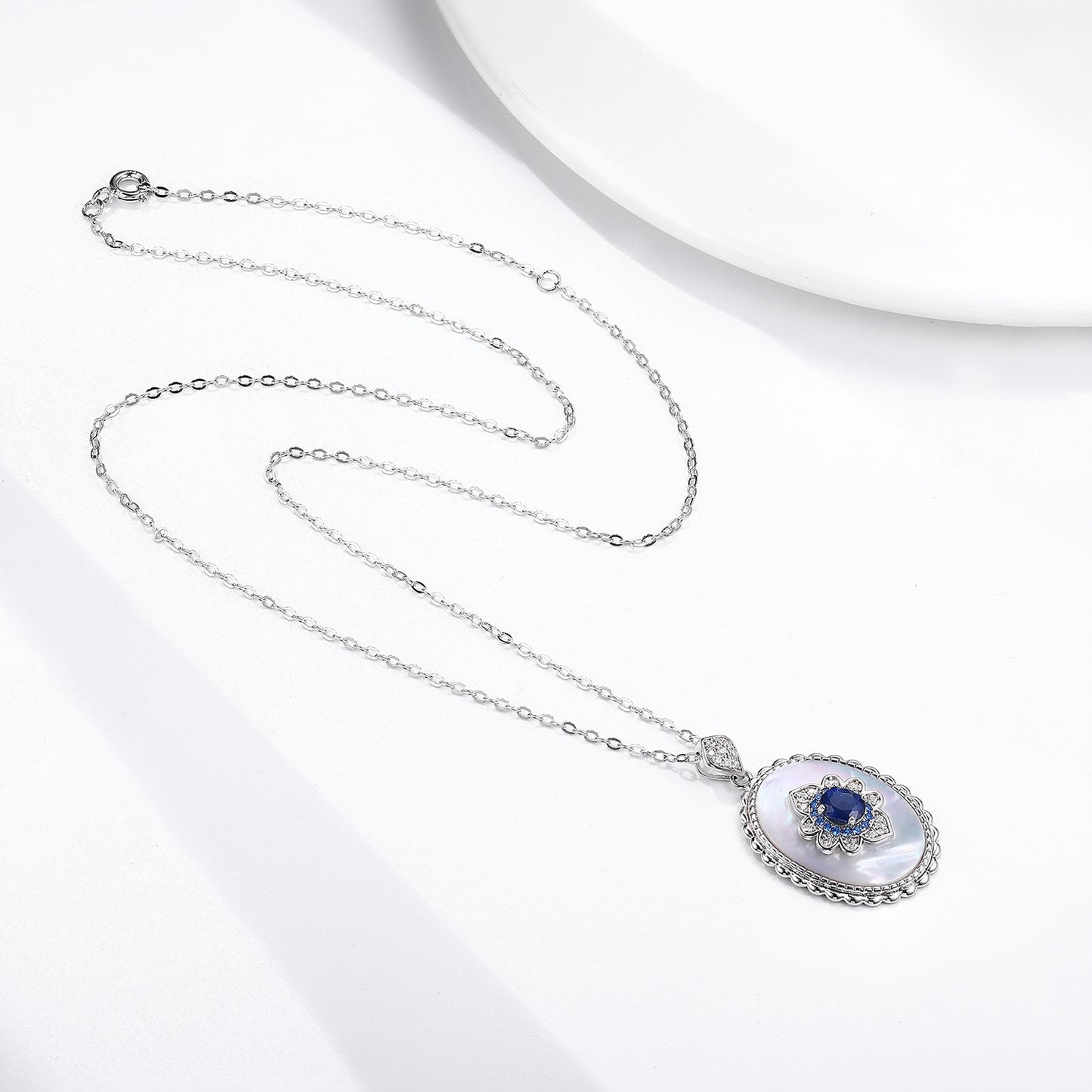 Natural Sapphire Lotus Amulet Pendant | 925 Sterling Silver Necklace with Mother of Pearl & Crystals – Talisman of Harmony, Intuition & Feminine Energy