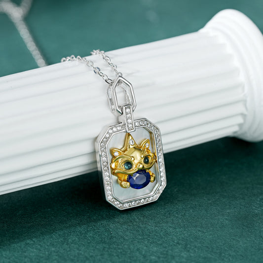 Sterling Silver Beast Totem Necklace (S925) — Sapphire & Green Topaz Protective Amulet for Renewal, Luck & Spiritual Protection