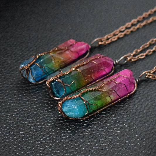 Tree of Life crystal pillar pendant necklace in rainbow colors