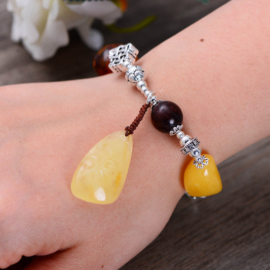 Handmade Amber Bracelet with Tiger Eye, Red Sandalwood & 925 Silver – Spiritual Protection Talisman, Healing Crystal Jewelry, Unisex Gift