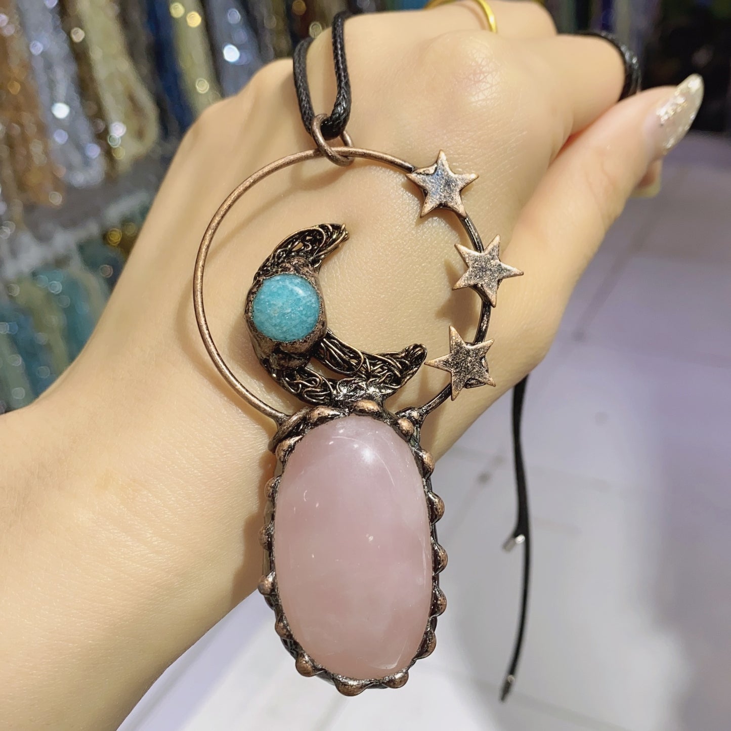 Handmade natural amethyst star moon pendant necklace