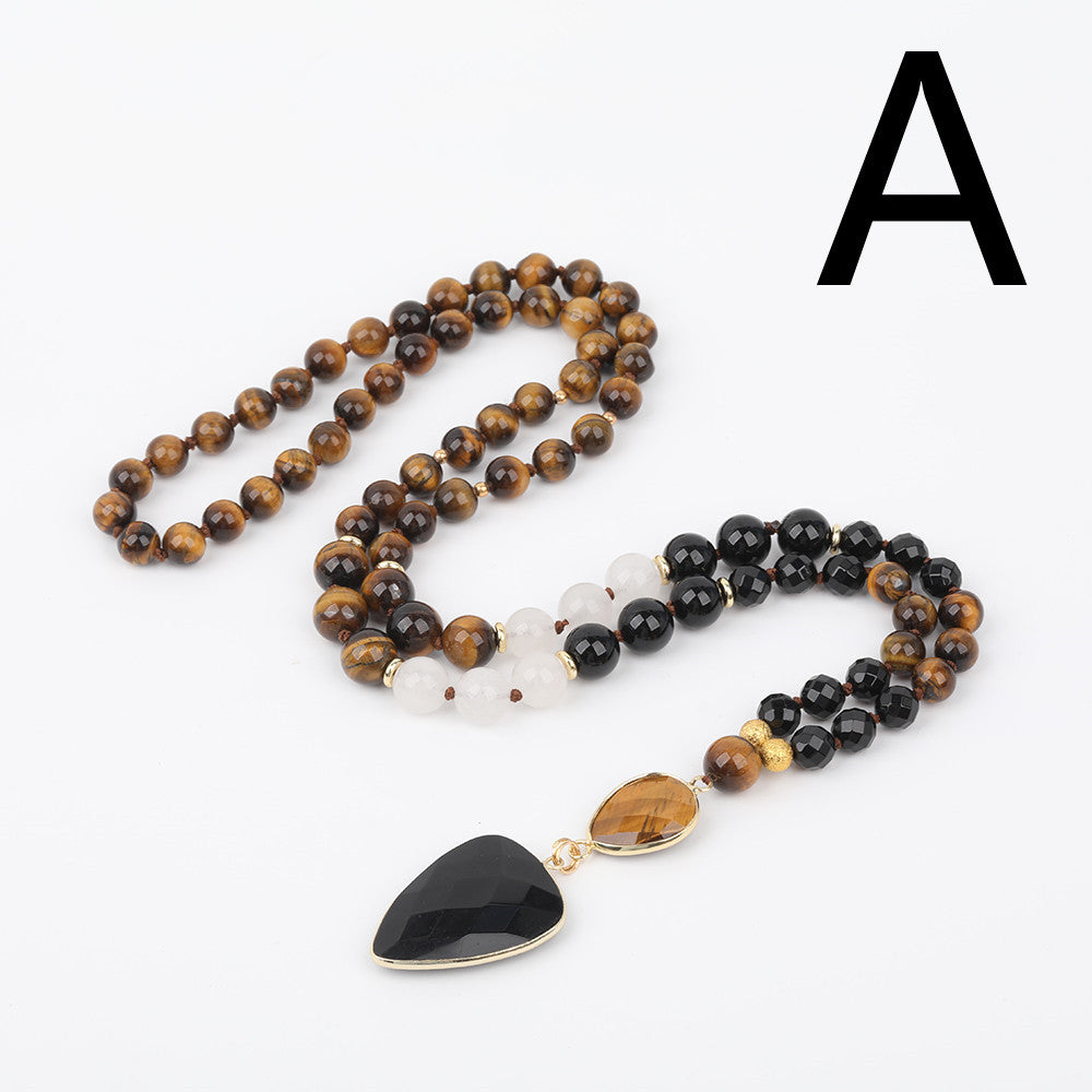 Natural gemstone necklace with black agate pendant and hand-knotted white agate and tiger eye beads
