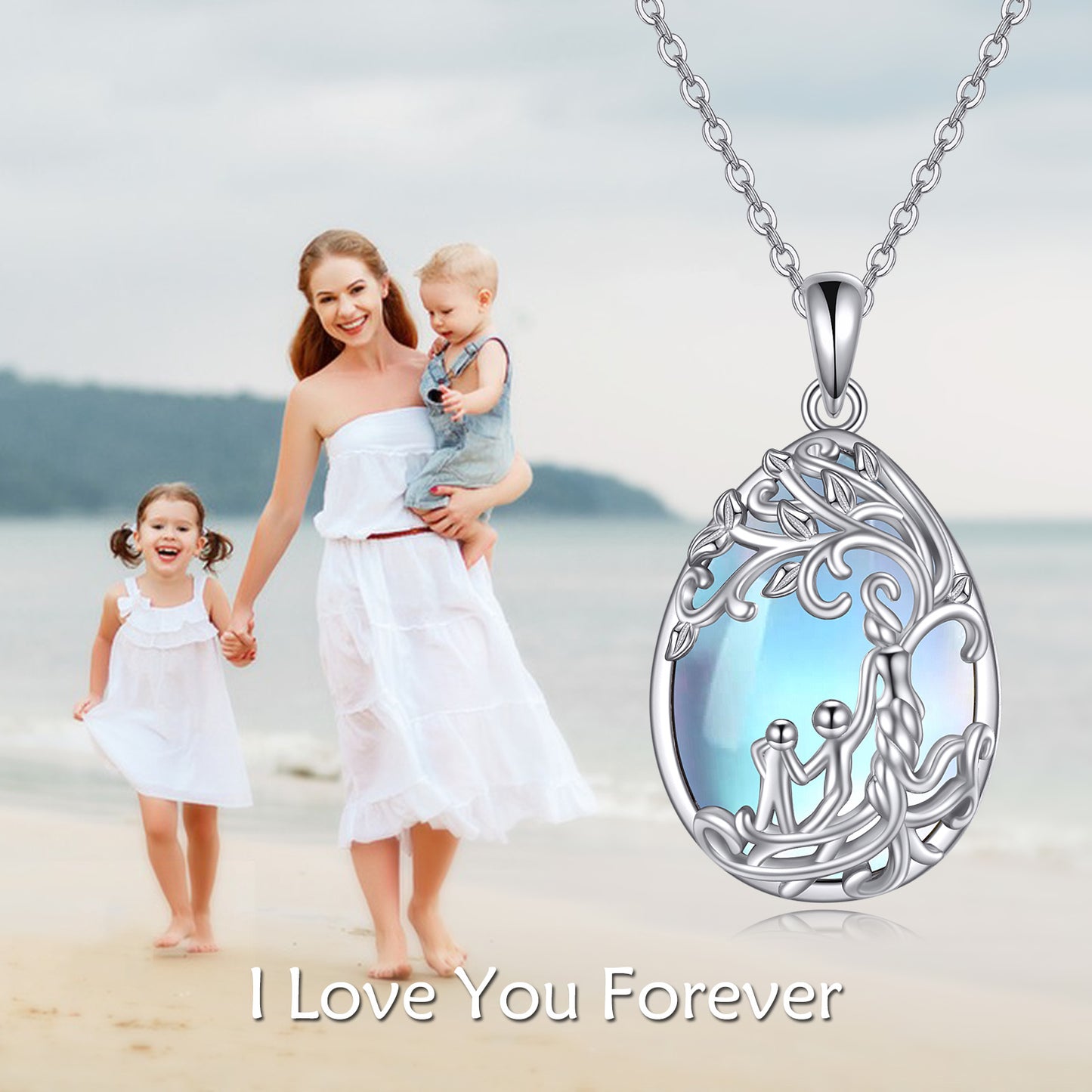 Handmade Family Tree of Life Moonstone Necklace – Sterling Silver Mother & Child Amulet