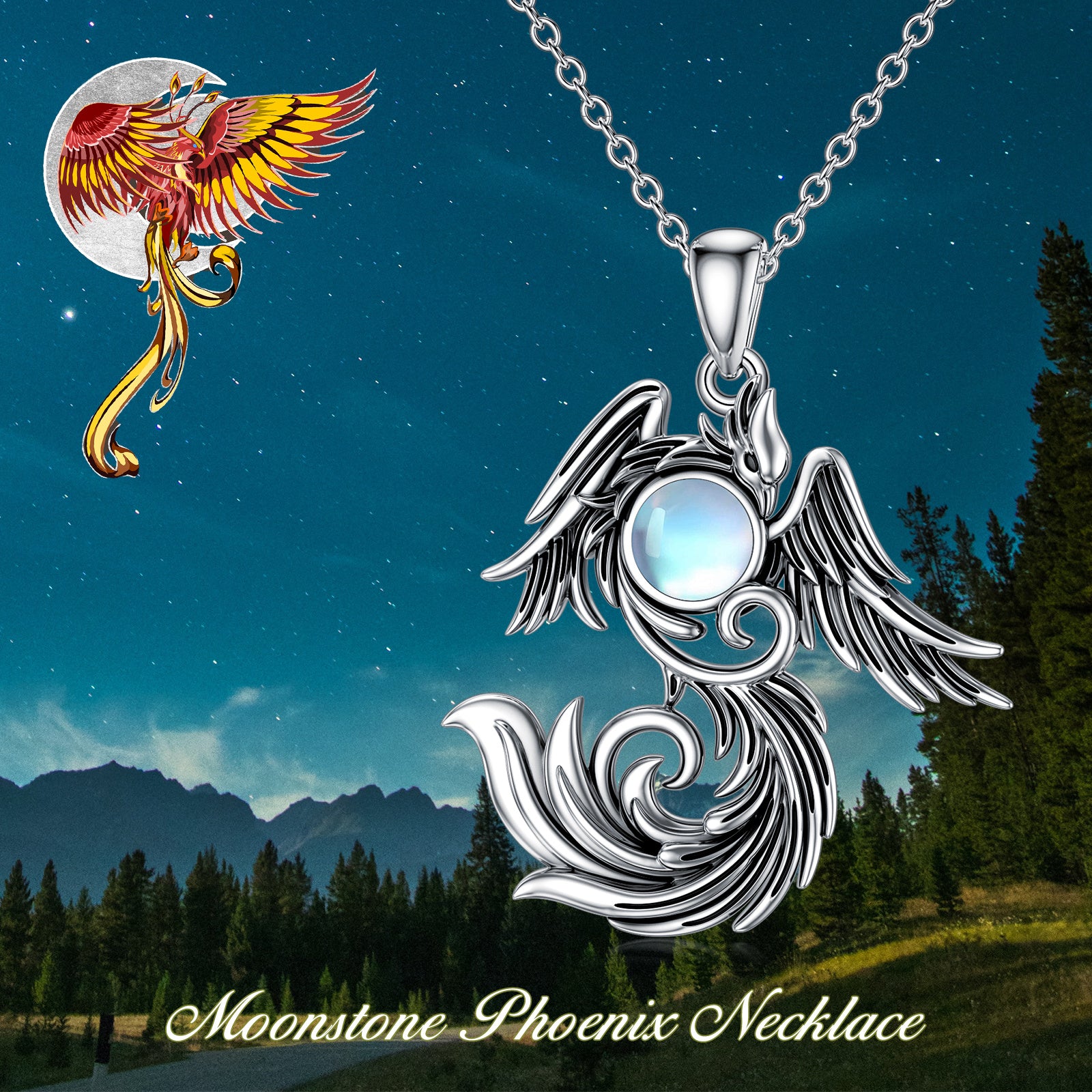 Handcrafted 925 Silver Phoenix Necklace with Moonstone, Symbolic Protective Amulet