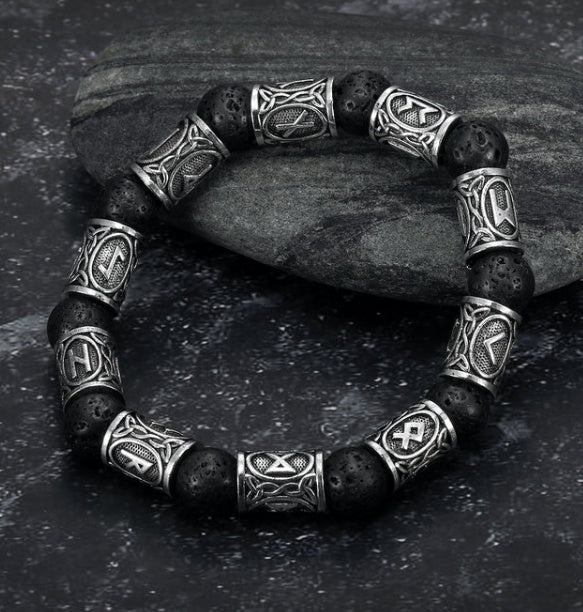 black lava stone bracelet with ancient rune symbols