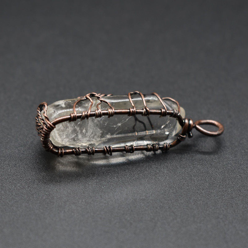 Handmade crystal pillar necklace with Tree of Life charm, natural stone detail