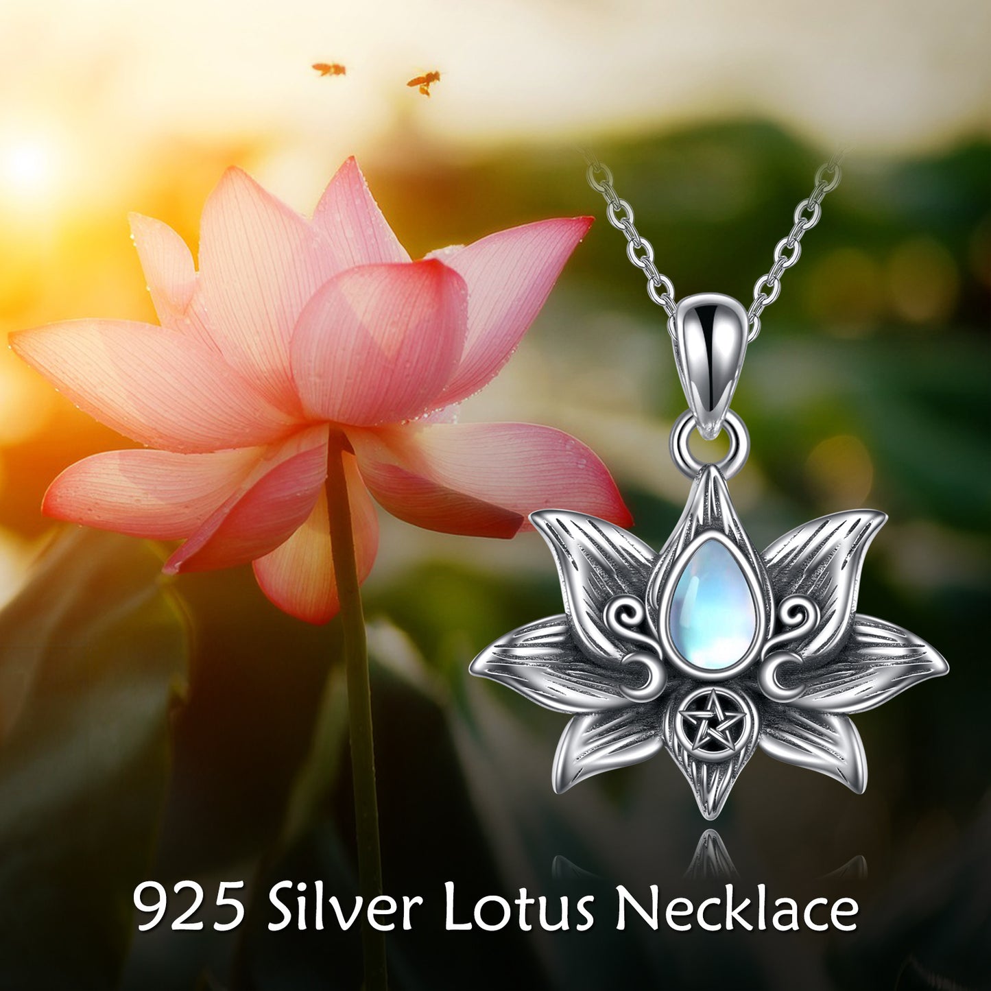 Lotus pendant with natural teardrop moonstone in 925 sterling silver