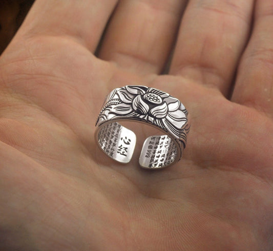 Thai silver black lotus Heart Sutra ring