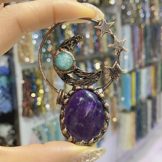 Natural amethyst star and moon pendant raw crystal jewelry