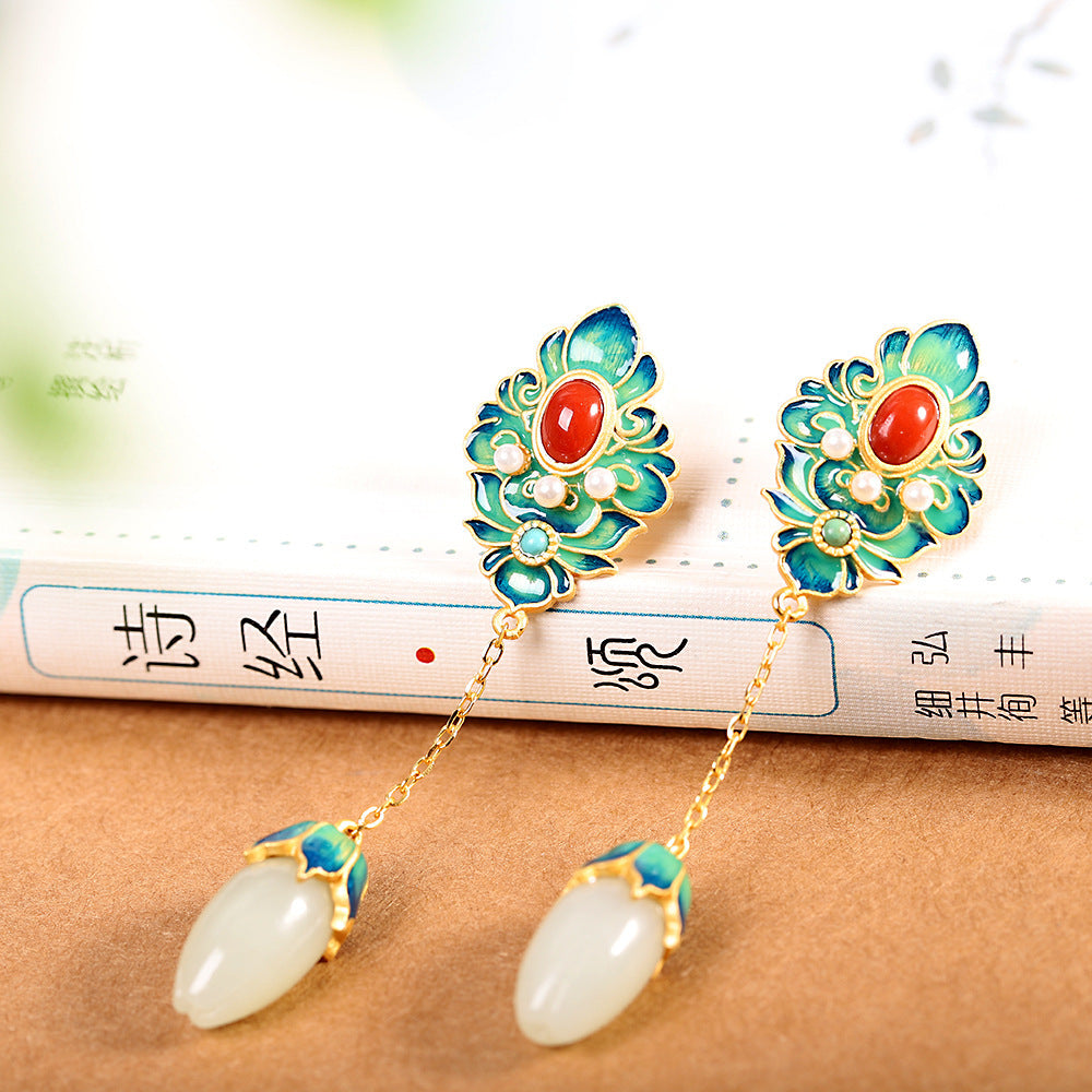 Handmade White Jade & Red Agate Sterling Silver Lotus Earrings – A Talisman of Harmony, Prosperity & Protection