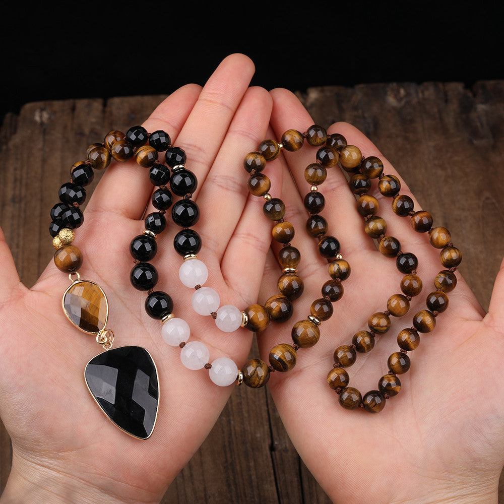 Bohemian-style black agate pendant necklace with 8mm natural gemstone beads
