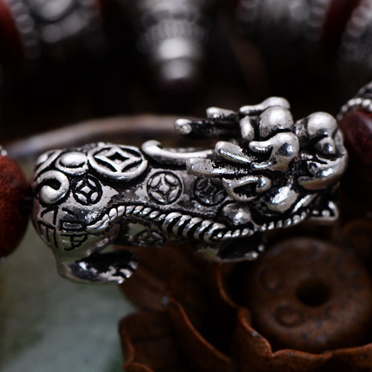 Handcrafted Spiritual Amulet – Six-Character Red Sandalwood Bracelet with Silver Dragon