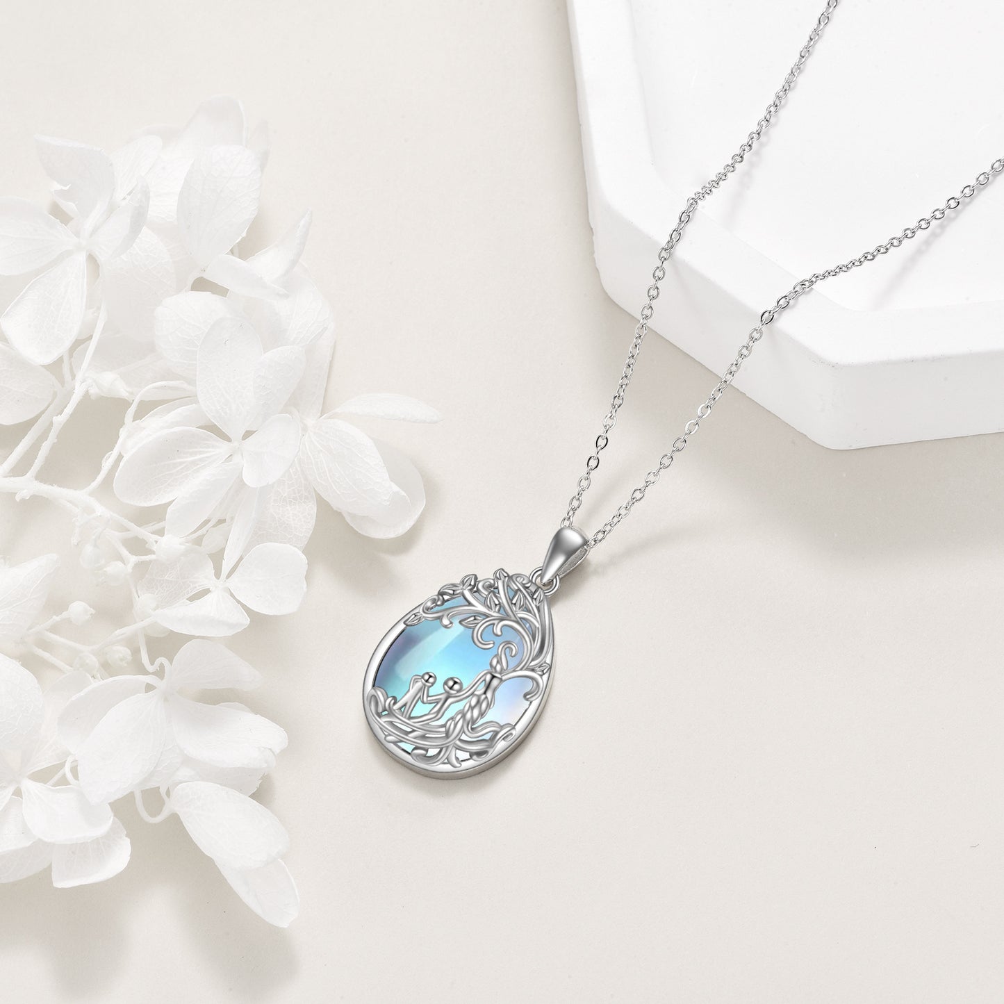 Handmade Family Tree of Life Moonstone Necklace – Sterling Silver Mother & Child Amulet