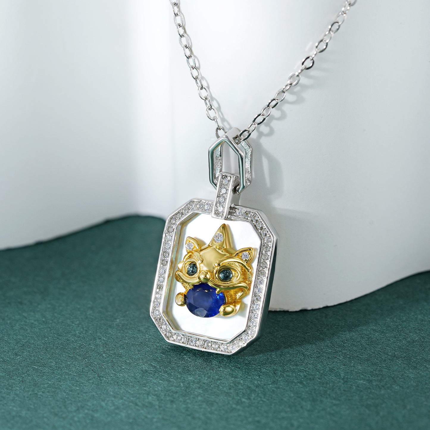 Sterling Silver Beast Totem Necklace (S925) — Sapphire & Green Topaz Protective Amulet for Renewal, Luck & Spiritual Protection