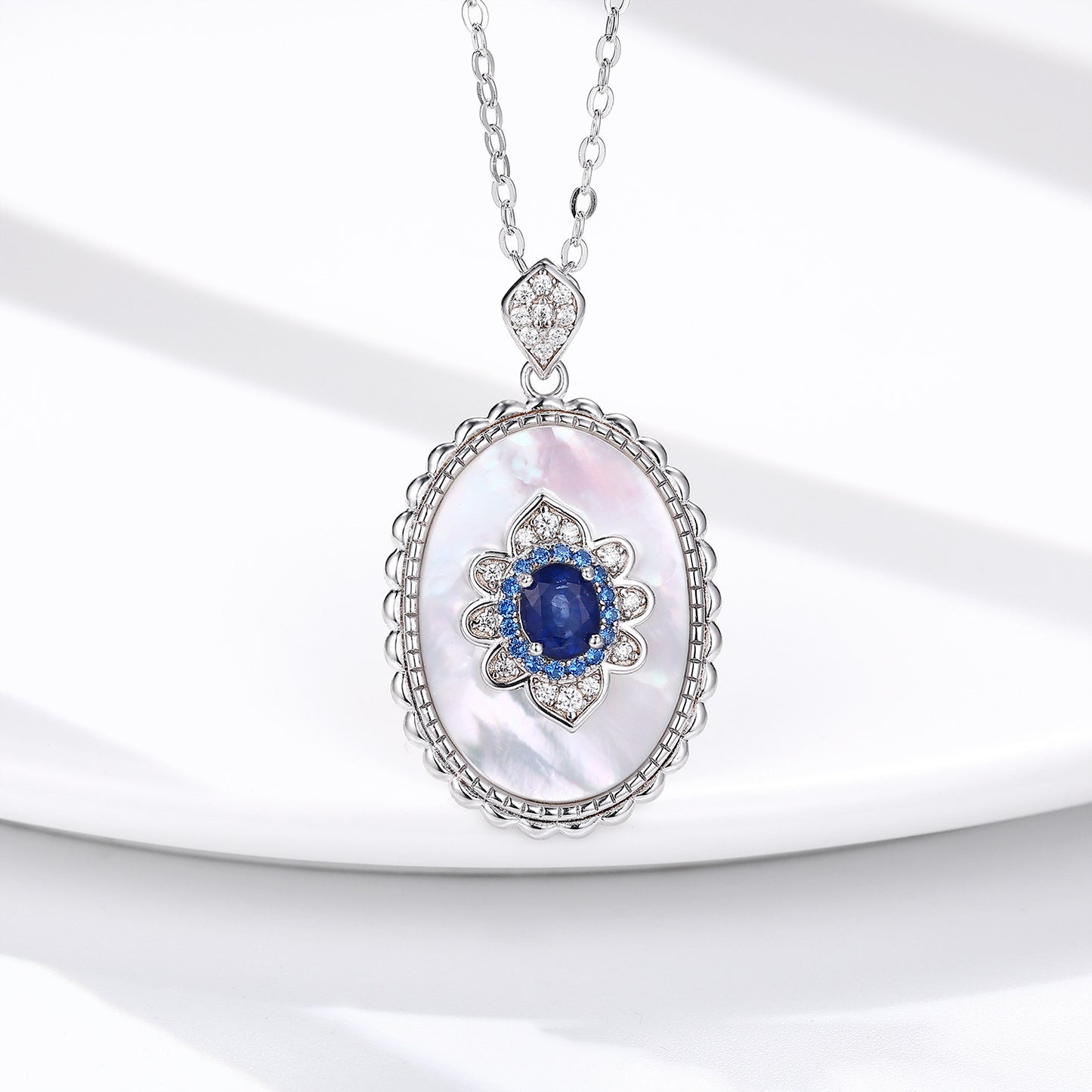 Natural Sapphire Lotus Amulet Pendant | 925 Sterling Silver Necklace with Mother of Pearl & Crystals – Talisman of Harmony, Intuition & Feminine Energy