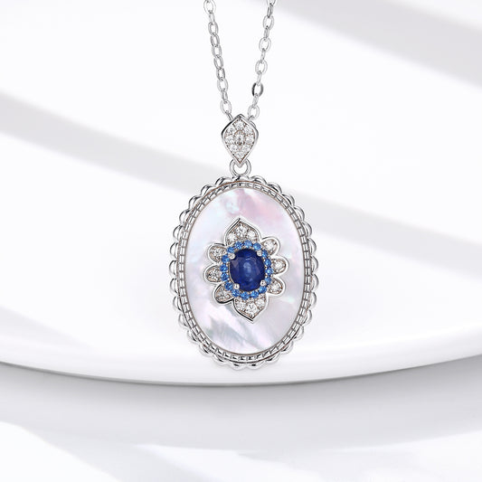 Natural Sapphire Lotus Amulet Pendant | 925 Sterling Silver Necklace with Mother of Pearl & Crystals – Talisman of Harmony, Intuition & Feminine Energy