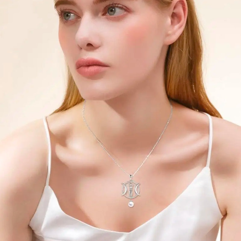 Handmade Triple Moon Goddess Necklace – Sterling Silver White-Gold Plated Talisman with Pearl
