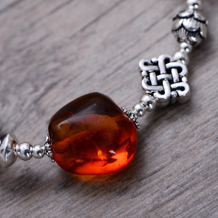 Handmade Amber Bracelet with Tiger Eye, Red Sandalwood & 925 Silver – Spiritual Protection Talisman, Healing Crystal Jewelry, Unisex Gift