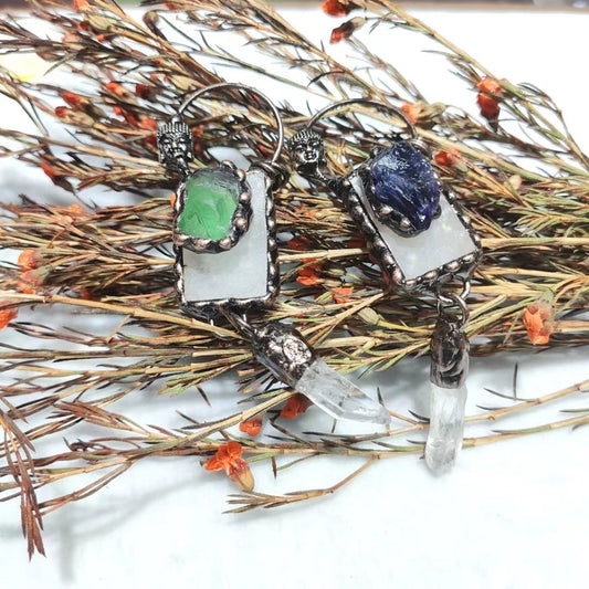 Buddha amulet pendant with raw amethyst and clear quartz point