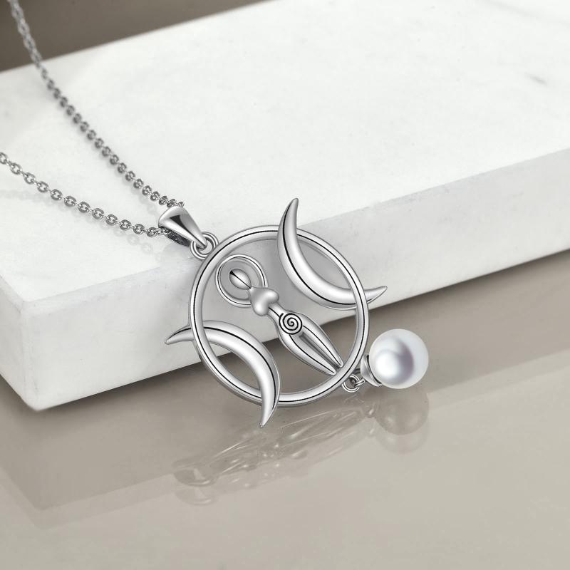 Handmade Triple Moon Goddess Necklace – Sterling Silver White-Gold Plated Talisman with Pearl