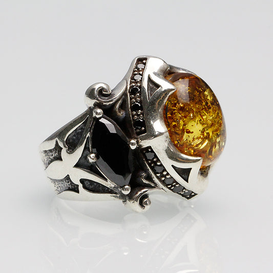 925 Thai Silver Amber & Black Tourmaline Talisman Ring – Handcrafted Luxury Jewelry