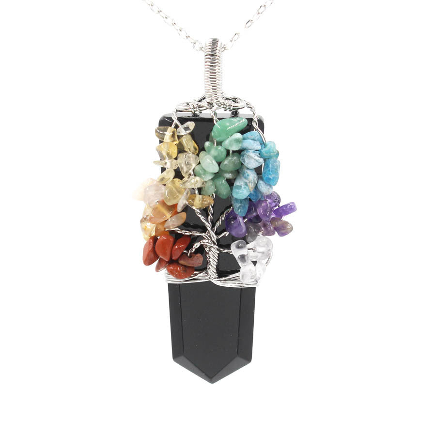 "Unisex spiritual amulet necklace with handcrafted Tree of Life design and multiple energy-charged gemstones."
