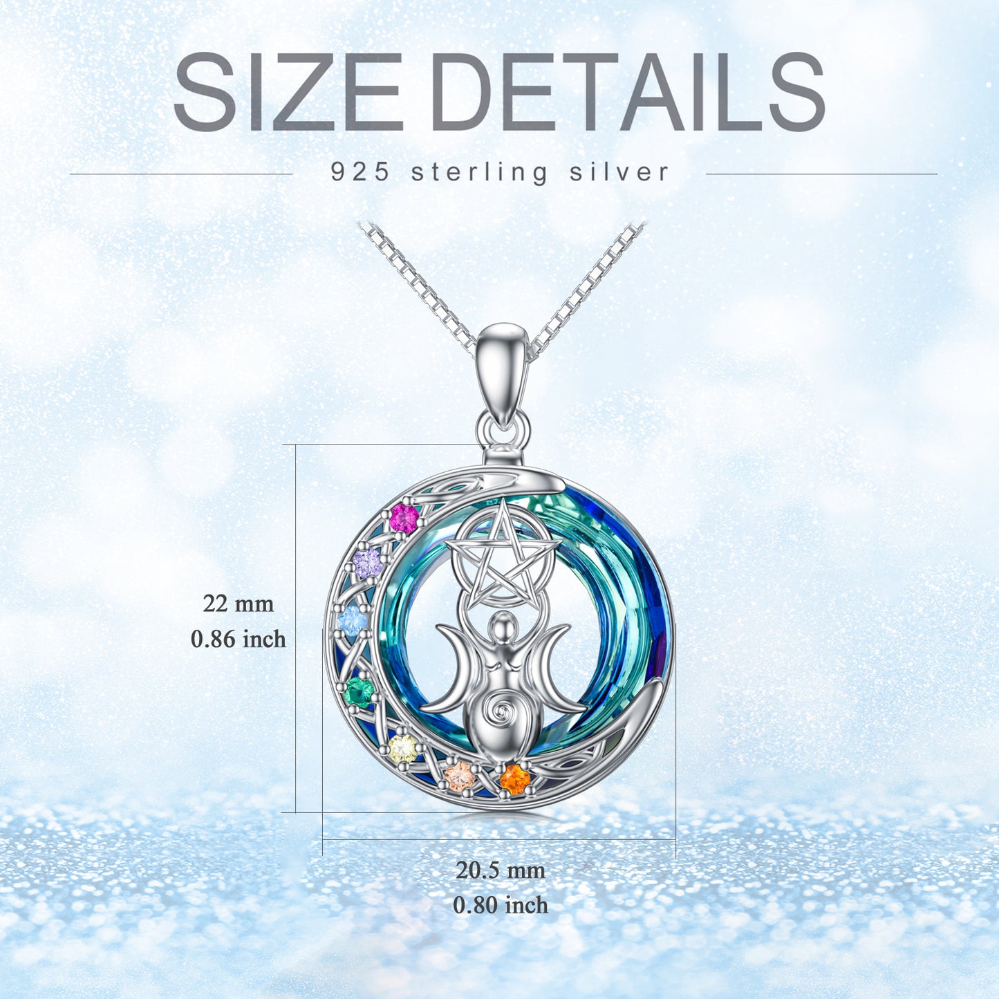 Triple Moon Goddess 7 Chakras Necklace – Sterling Silver Protection Amulet for Feminine Power, Intuition, Reiki, Meditation & Love