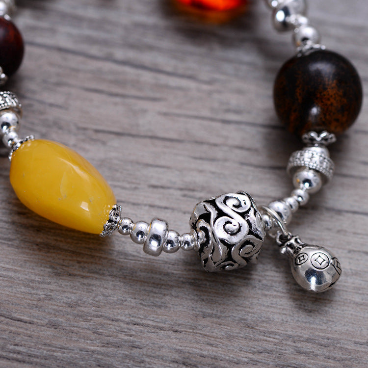 Handmade Amber Bracelet with Tiger Eye, Red Sandalwood & 925 Silver – Spiritual Protection Talisman, Healing Crystal Jewelry, Unisex Gift