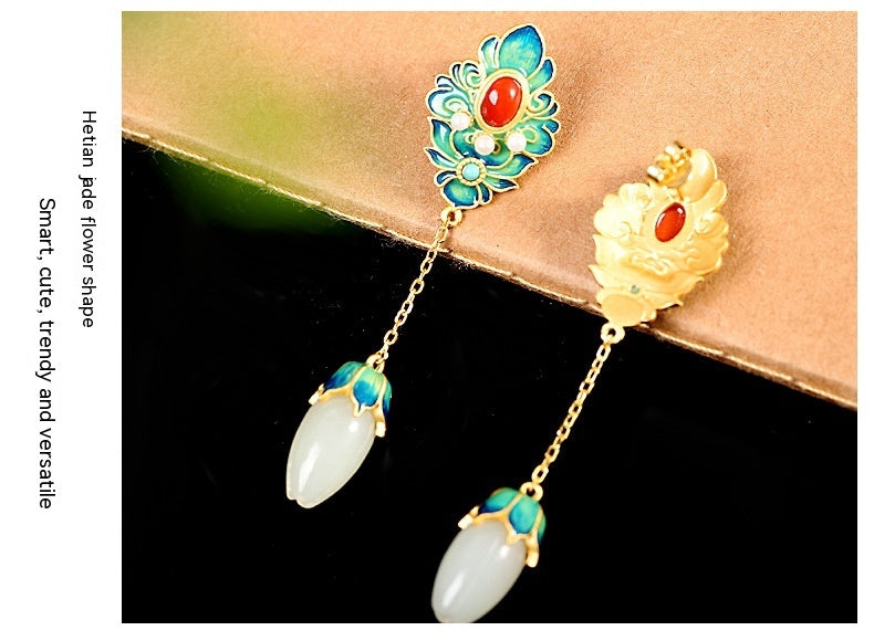 Handmade White Jade & Red Agate Sterling Silver Lotus Earrings – A Talisman of Harmony, Prosperity & Protection