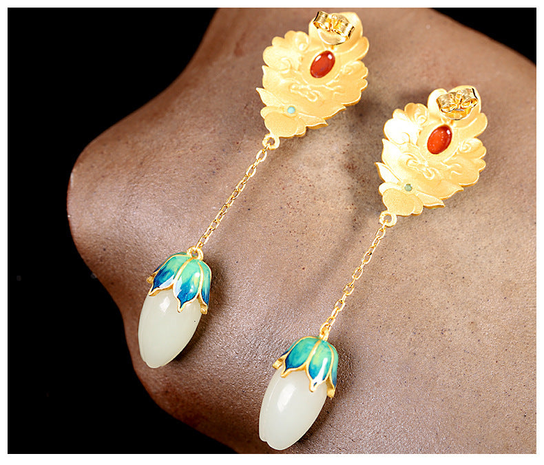 Handmade White Jade & Red Agate Sterling Silver Lotus Earrings – A Talisman of Harmony, Prosperity & Protection