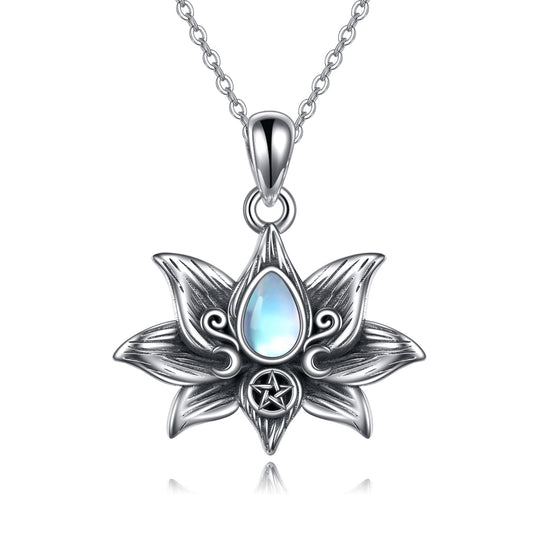 Handmade silver lotus necklace with moonstone and protective pentacle