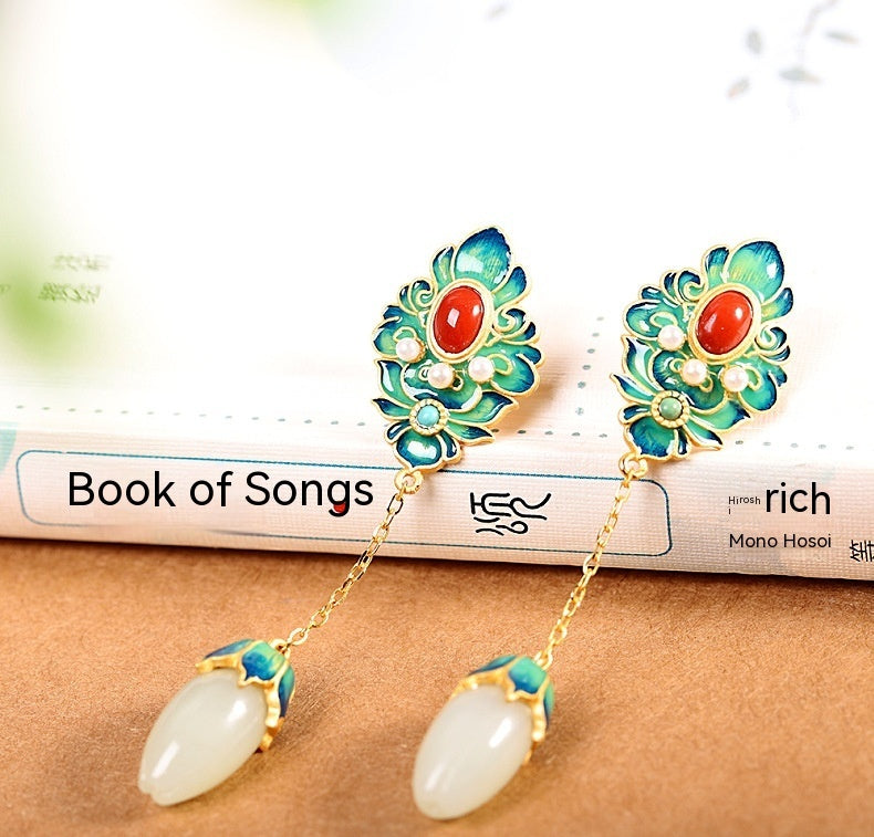 Handmade White Jade & Red Agate Sterling Silver Lotus Earrings – A Talisman of Harmony, Prosperity & Protection