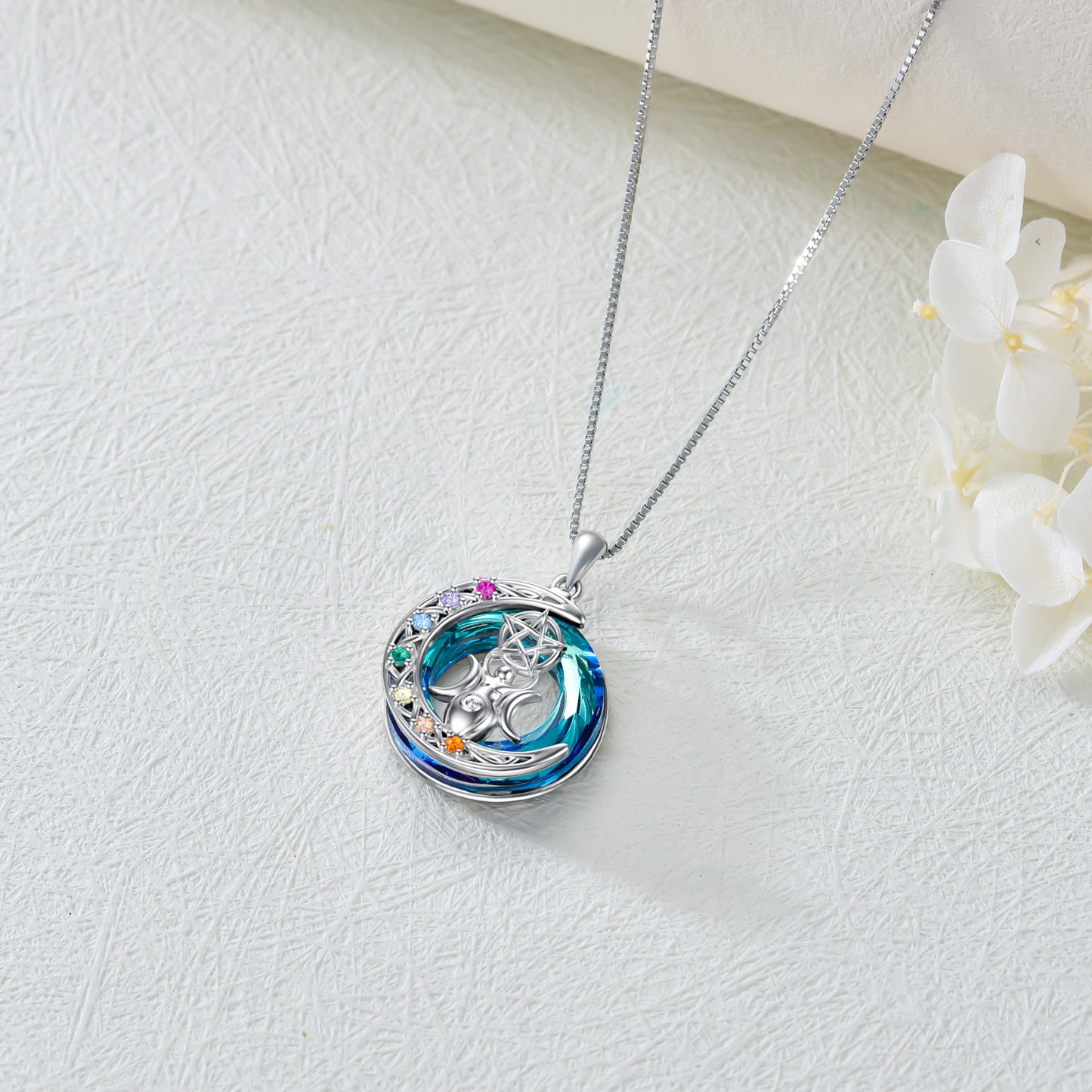 Triple Moon Goddess 7 Chakras Necklace – Sterling Silver Protection Amulet for Feminine Power, Intuition, Reiki, Meditation & Love