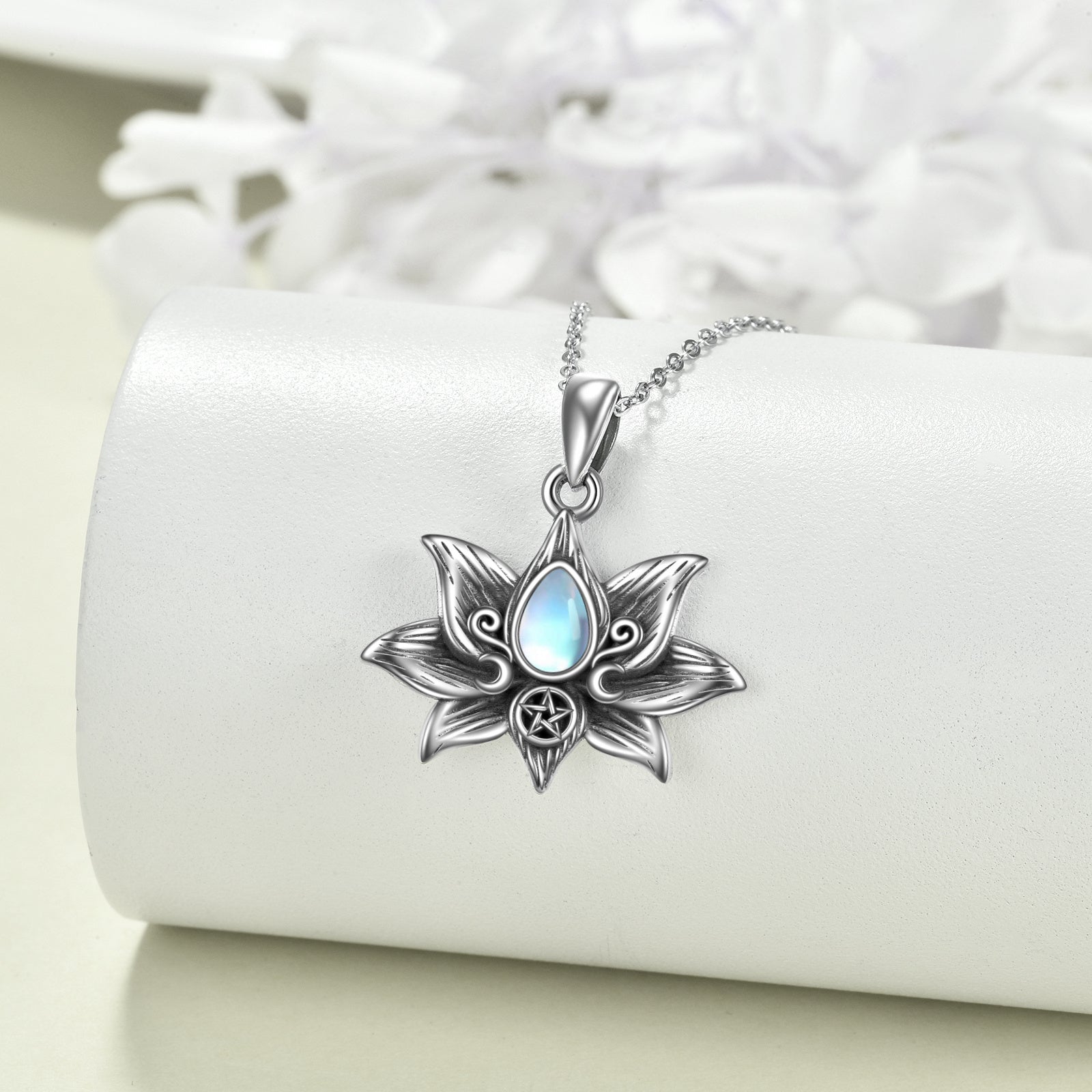 Spiritual amulet necklace with moonstone and five-pointed star in sterling silver