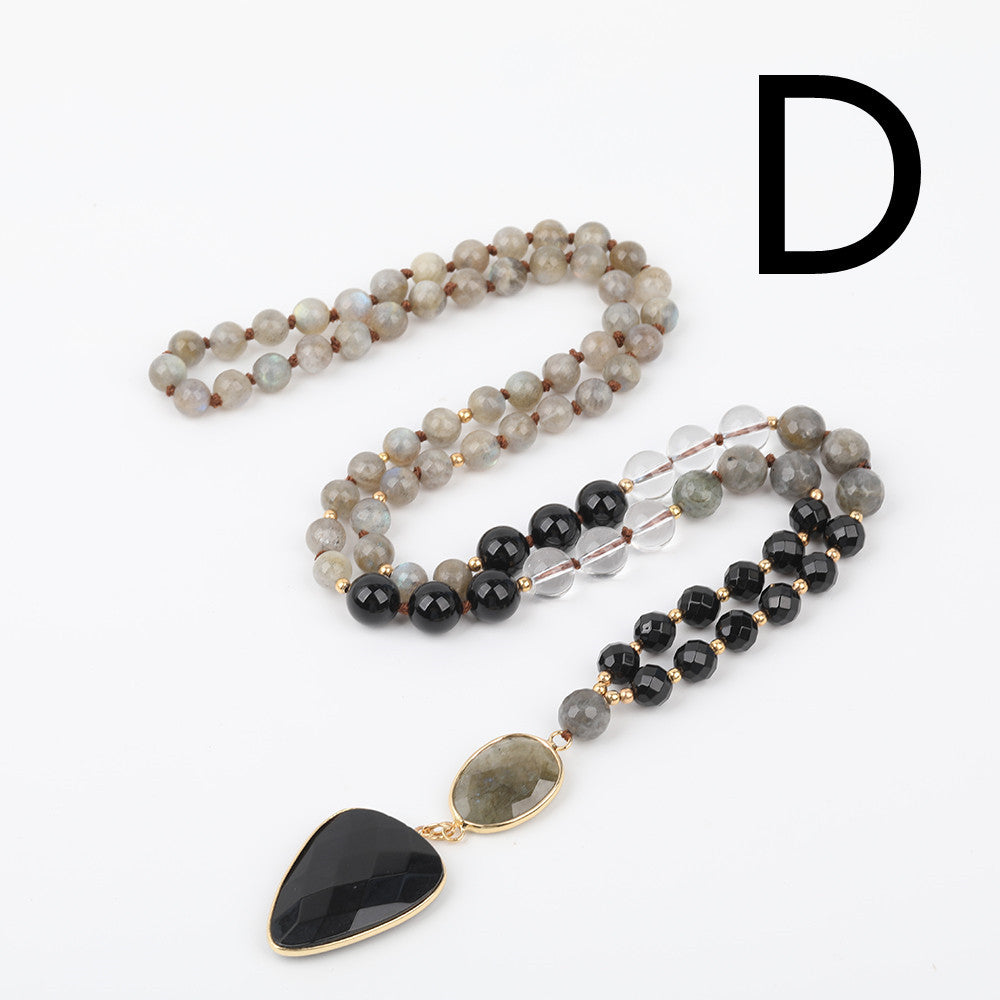 Handmade necklace with faceted black agate teardrop pendant and gemstone beads