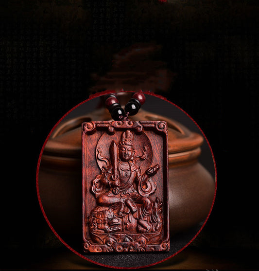 Handcrafted Manjushri Talisman Pendant with Red Sandalwood and Yellow Pear Wood Front View