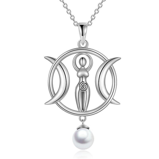 Handmade Triple Moon Goddess Necklace – Sterling Silver White-Gold Plated Talisman with Pearl