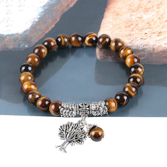“Natural Tiger’s Eye gemstone beads with antique silver Tree of Life pendant”