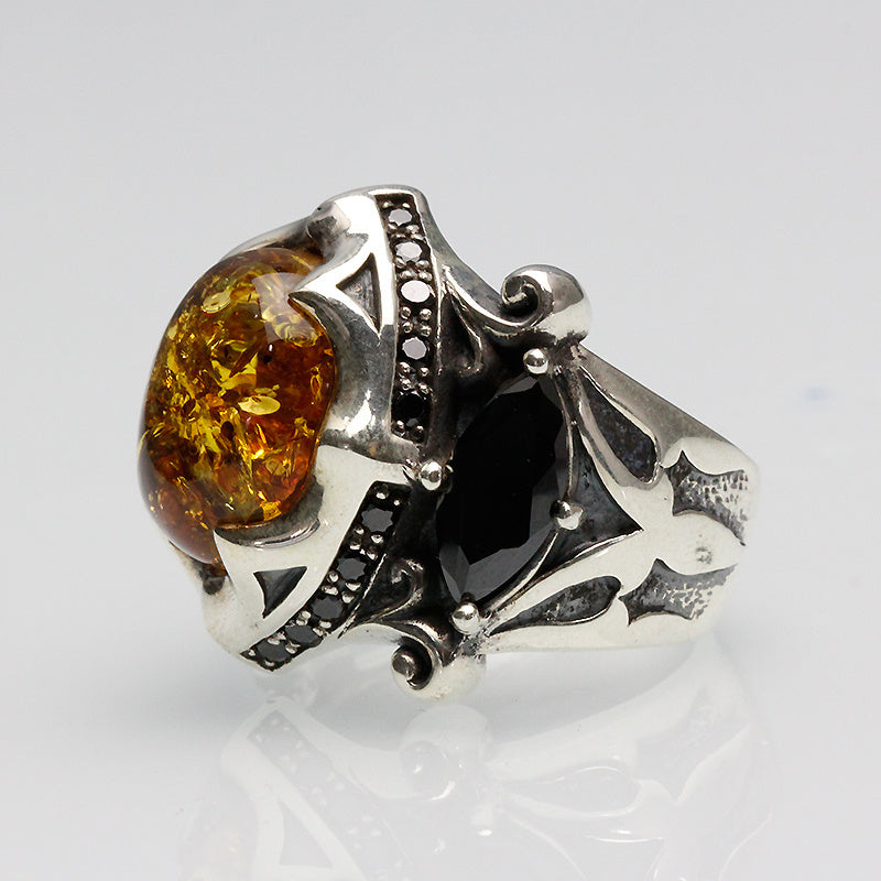 925 Thai Silver Amber & Black Tourmaline Talisman Ring – Handcrafted Luxury Jewelry