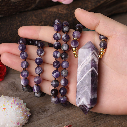 Natural amethyst and quartz gemstone necklace with gold-tone spacer beads