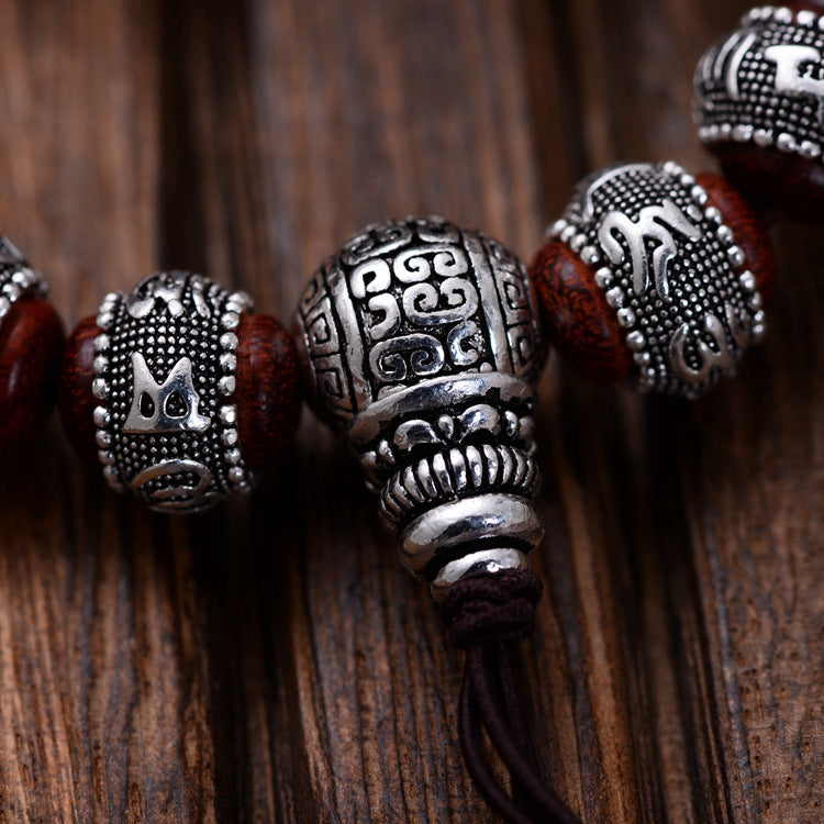 Handcrafted Spiritual Amulet – Six-Character Red Sandalwood Bracelet with Silver Dragon
