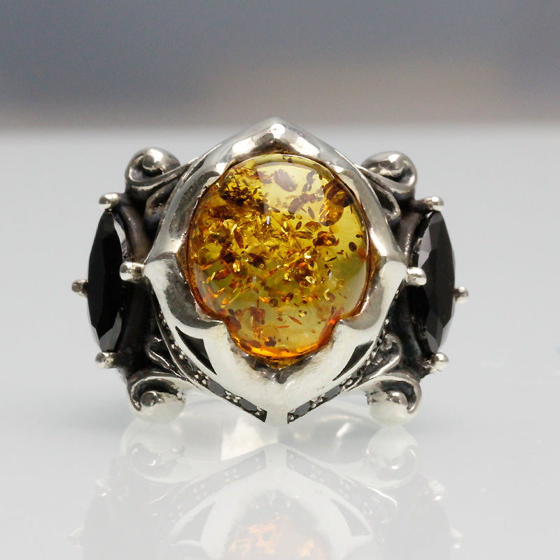 925 Thai Silver Amber & Black Tourmaline Talisman Ring – Handcrafted Luxury Jewelry