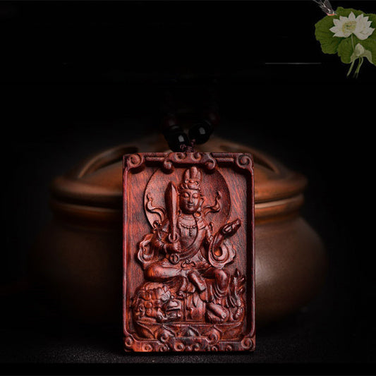 Handcrafted Manjushri Talisman Pendant with Red Sandalwood and Yellow Pear Wood Front View