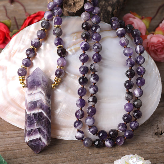 Handcrafted spiritual healing necklace with amethyst and quartz stones