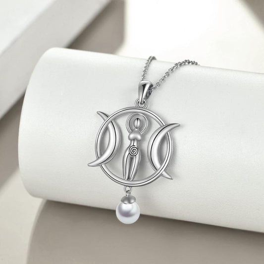 Handmade Triple Moon Goddess Necklace – Sterling Silver White-Gold Plated Talisman with Pearl