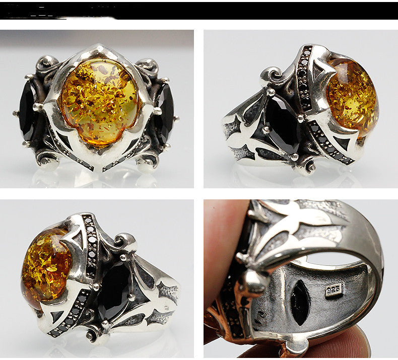 925 Thai Silver Amber & Black Tourmaline Talisman Ring – Handcrafted Luxury Jewelry